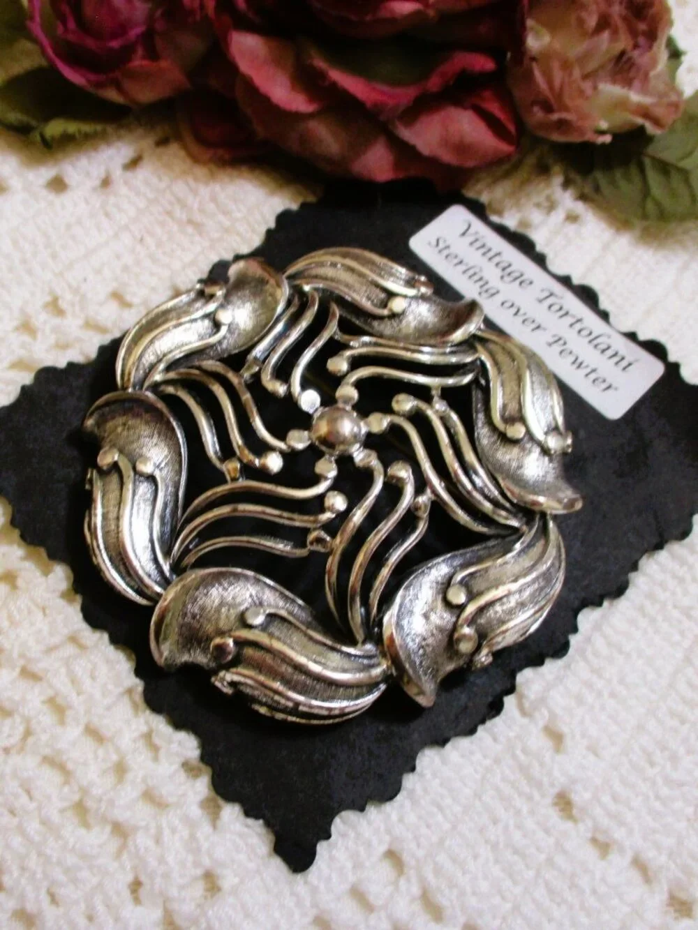 Large TORTOLANI Swirl Statement Brooch: Sterling Silver Over Pewter ~ Vintage